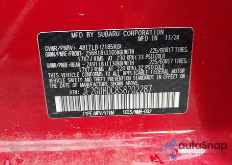 2025 Subaru Crosstrek Premium z USA, uszkodzony, nr VIN JF2GUHDC8S8202287